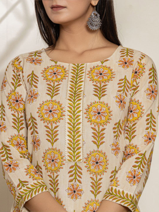 Yufta Round Neck Floral Printed Gotta Patti Pure Cotton Kurta with Trouser & Dupatta