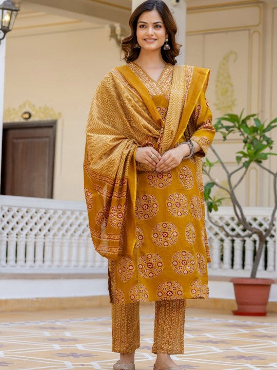 Anouk Floral Printed V-Neck Mirror Work Pure Cotton Kurta with Palazzos & Dupatta