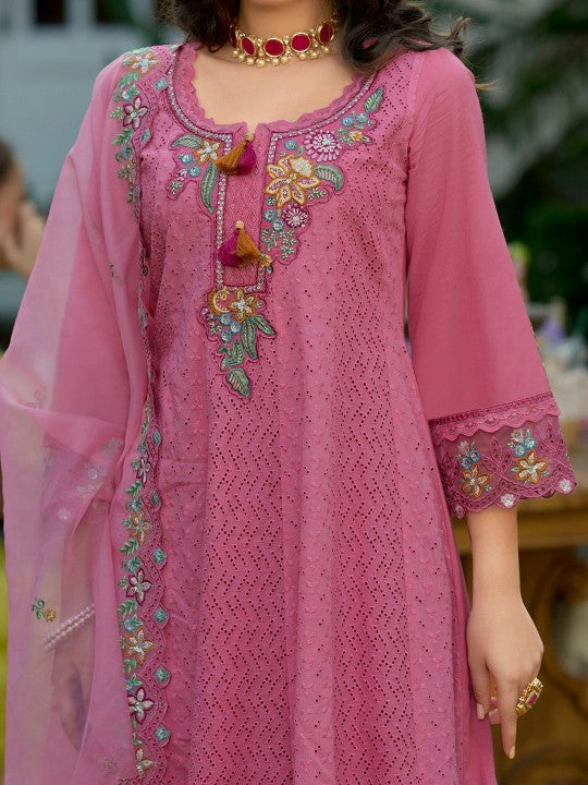 Indo Era Floral Embroidered Pure Cotton Anarkali Kurta With Trousers And Dupatta