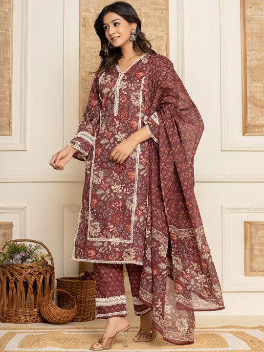 Yufta Floral Printed Thread Work Pure Cotton Straight Kurta With Trousers & Dupatta