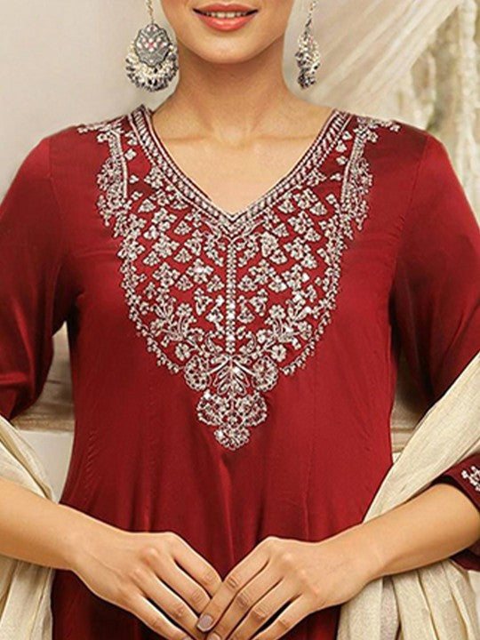 W Festive Solid Rayon Kurta With Slim Pant & Dupatta