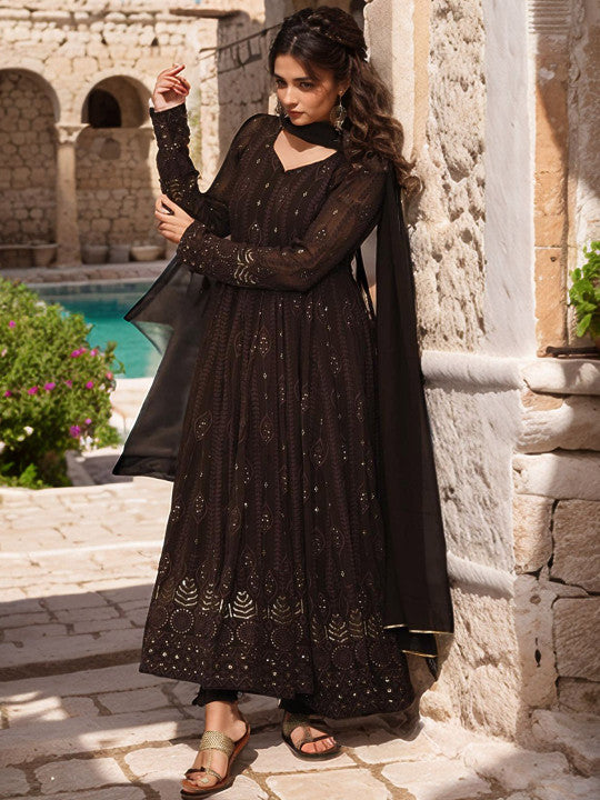 Emaira Ethnic Motifs Embroidered Georgette Anarkali Kurta With Trousers & Dupatta