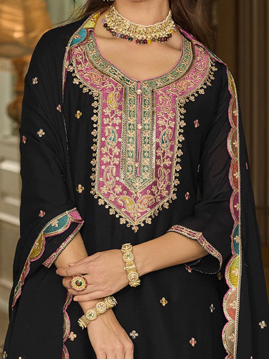 Indo Era Paisley Embroidered Sequinned Straight Kurta With Sharara And Dupatta