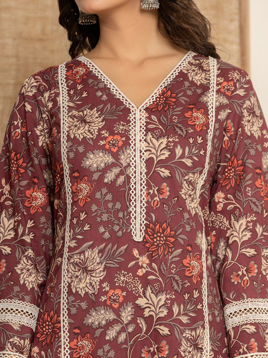 Yufta Floral Printed Thread Work Pure Cotton Straight Kurta With Trousers & Dupatta