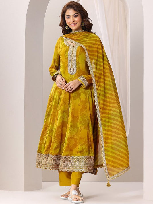 Printed Anarkali Kurta With Trousers & Dupatta