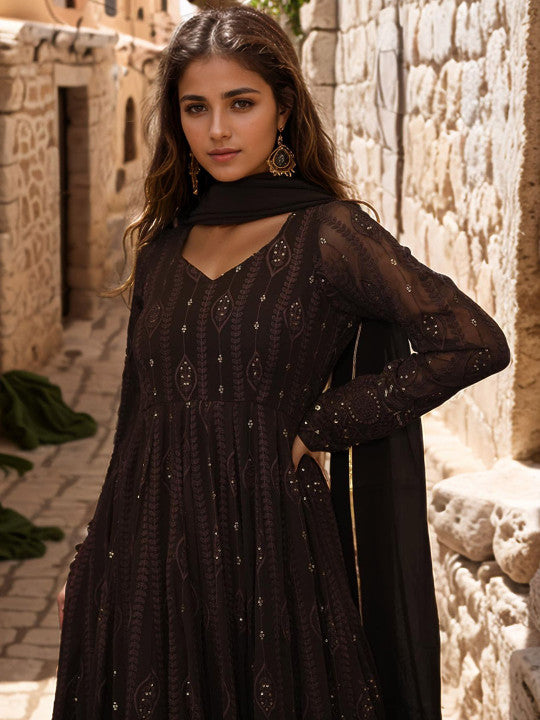 Emaira Ethnic Motifs Embroidered Georgette Anarkali Kurta With Trousers & Dupatta