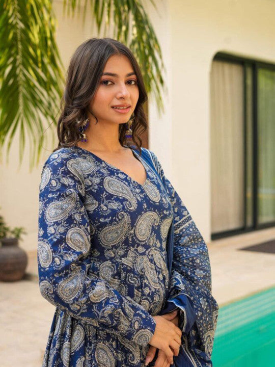 Idaho Clothing Dewy Paisley Printed Pure Cotton Anarkali Kurta With Palazzo & Dupatta