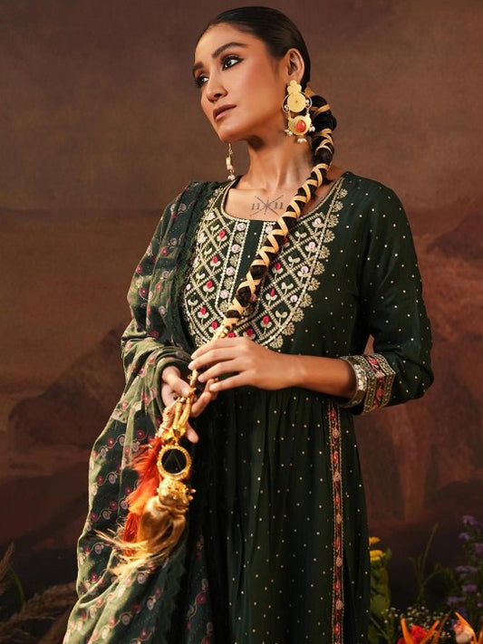 Ishin Geometric Printed Zari Anarkali Kurta With Trousers And Dupatta