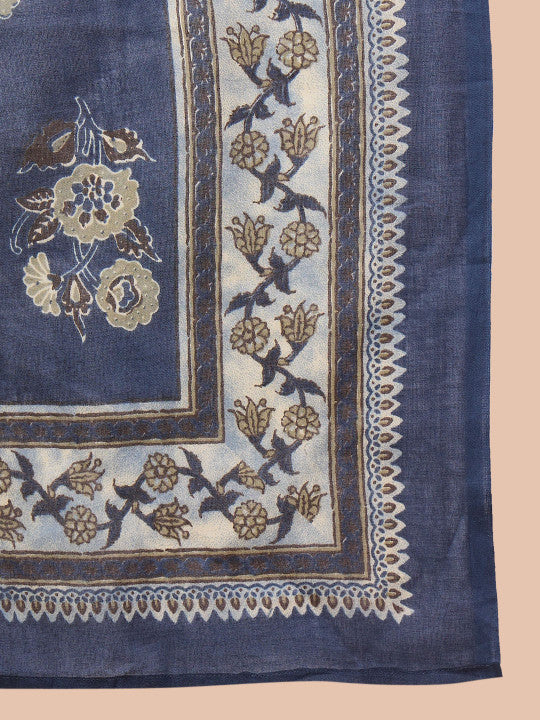 Anouk Navy Blue Floral Printed Pure Cotton Straight Kurta & Trousers With Dupatta