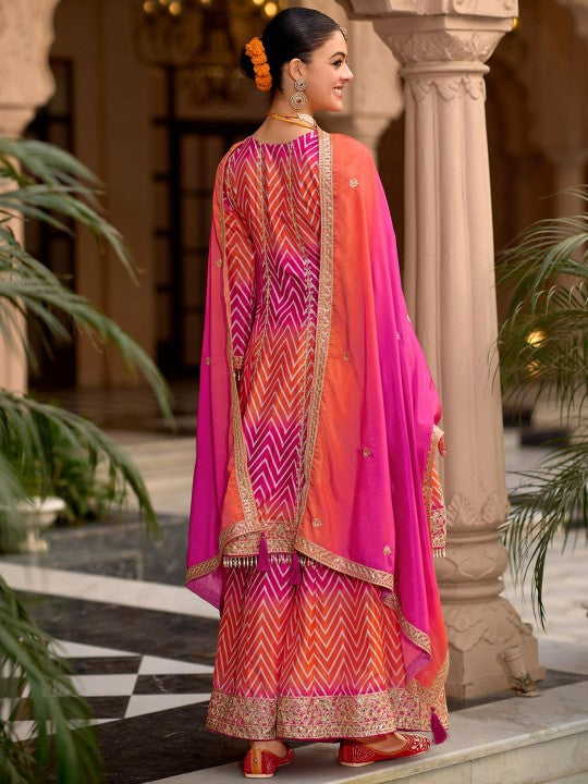 Indo Era Chevron Printed Sequinned Round Neck A-Line Kurta With Palazzos & Dupatta