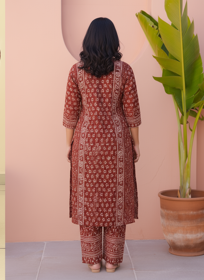 Viscose Geometric Straight Rust Kurta
