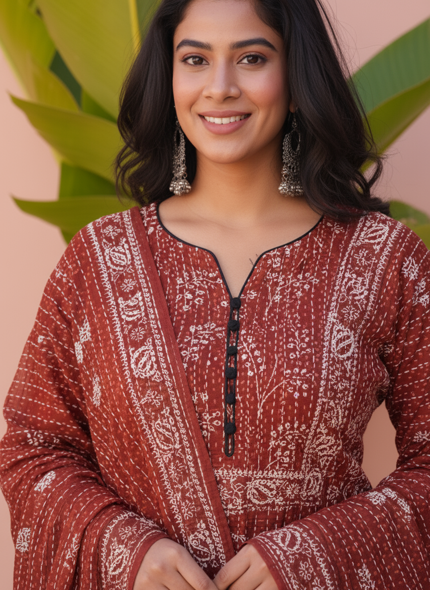 Viscose Geometric Straight Rust Kurta