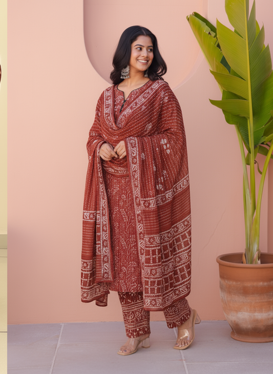 Viscose Geometric Straight Rust Kurta