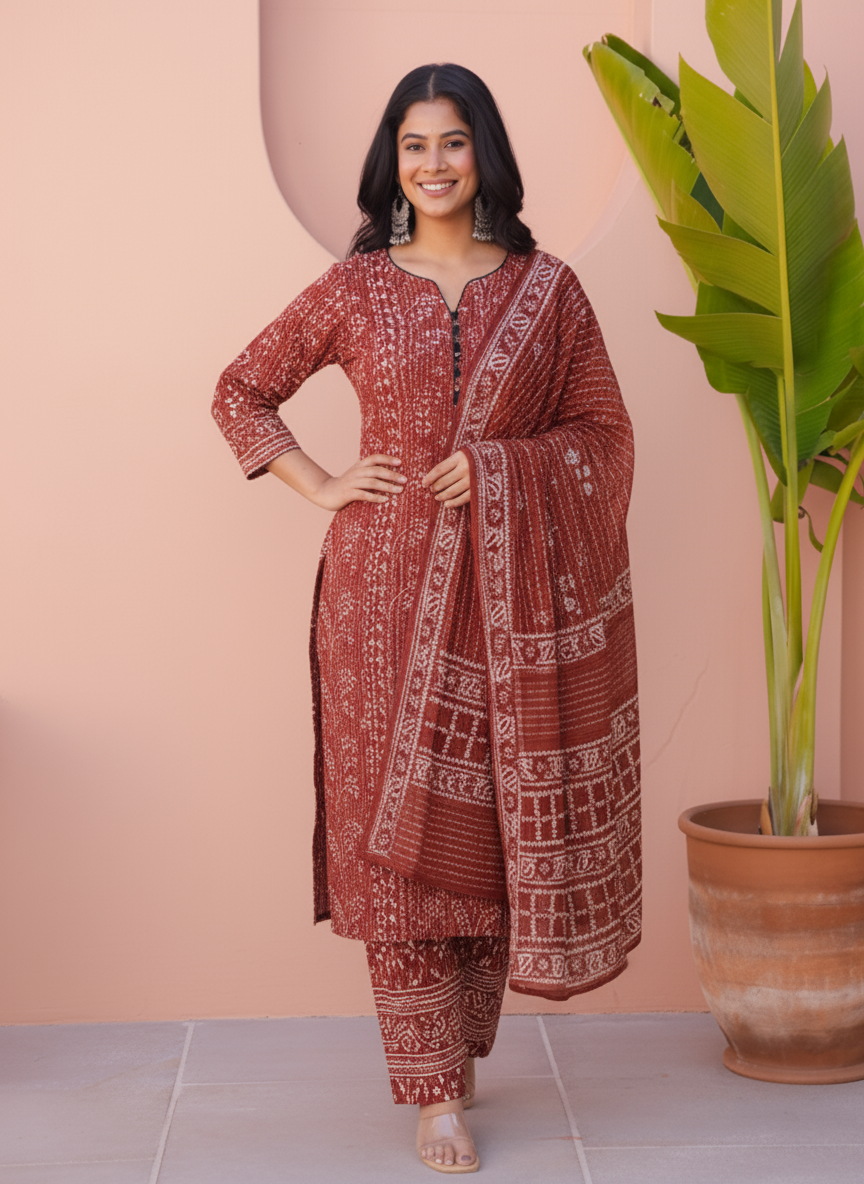 Viscose Geometric Straight Rust Kurta