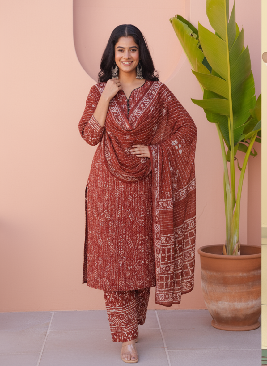 Viscose Geometric Straight Rust Kurta