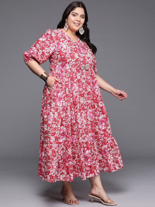 A PLUS BY AHALYAA Plus Size Floral Printed Puff Sleeves Pure Cotton Maxi Ethnic Dress