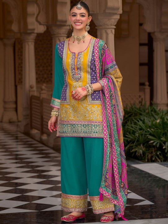 Indo Era Floral Embroidered Notch Neck Mirror Work Kurta
