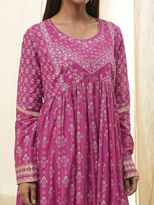 Biba Floral Printed Round neck Pure Cotton Anarkali Kurta With Palazzos And Dupatta