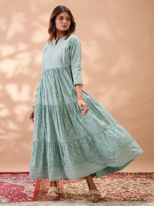 Globus Floral Print Fit & Flare Lace Detail Flared Hem Tiered Maxi Dress