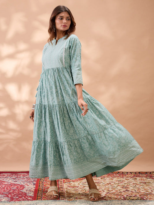 Globus Floral Print Fit & Flare Lace Detail Flared Hem Tiered Maxi Dress