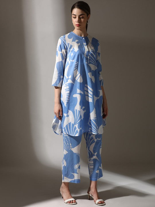 Dora Dori Pure Cotton Round Neck Abstract Printed Kurta With Trouser