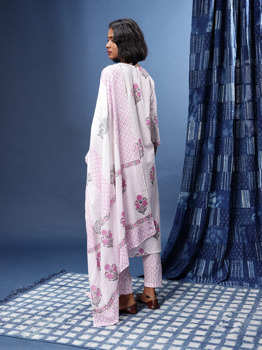 Taavi Indie Floral Printed Straight Hand Block Print Legacy Kurta with Trousers & Dupatta