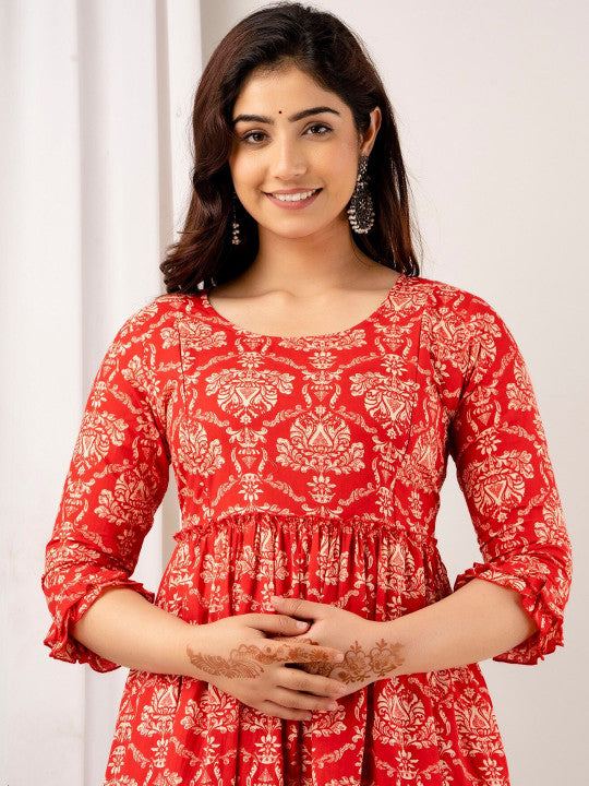 VARICOS Ethnic Motifs Printed Tiered Maternity Fit and Flare Midi Ethnic Dress