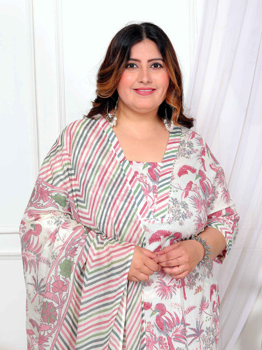 Floral Printed Pure Cotton Straight Kurta With Trouser And Dupatta