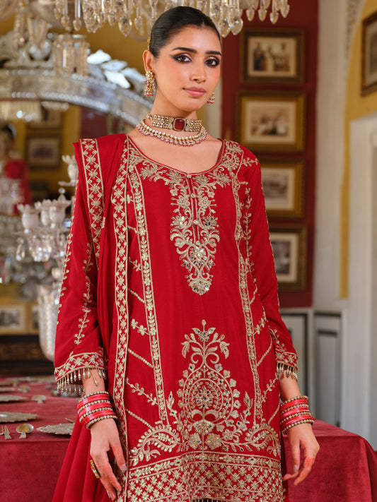 Indo Era Adults-Women Woven Design Embroidered Kurta with Palazzos & Dupatta