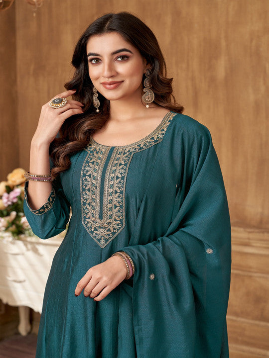 VEDANT VASTRAM Floral Embroidered Sequinned Silk Georgette Kurta With Trouser & Dupatta