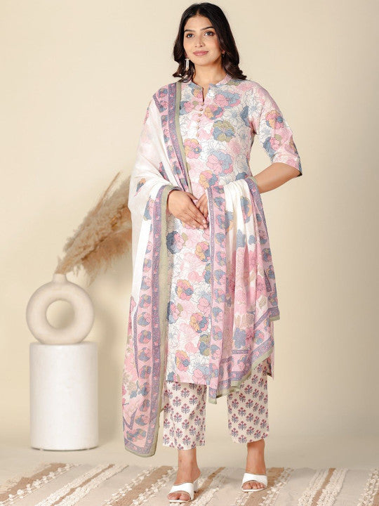 Aramya Floral Printed Pure Cotton Mandarin Collar Kurta With Trousers & Dupatta