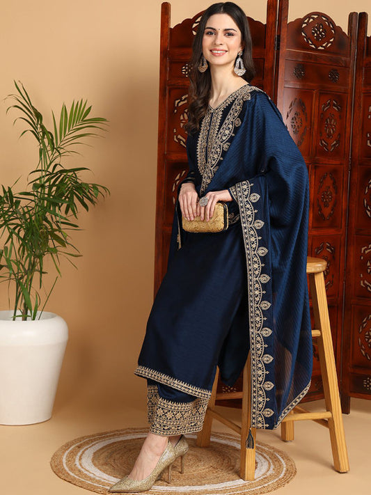 House of Pataudi Embroidered Straight Kurta Palazzos With Dupatta Set