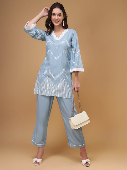 Aqua Printed Laced Co-Ord (Set of 2)