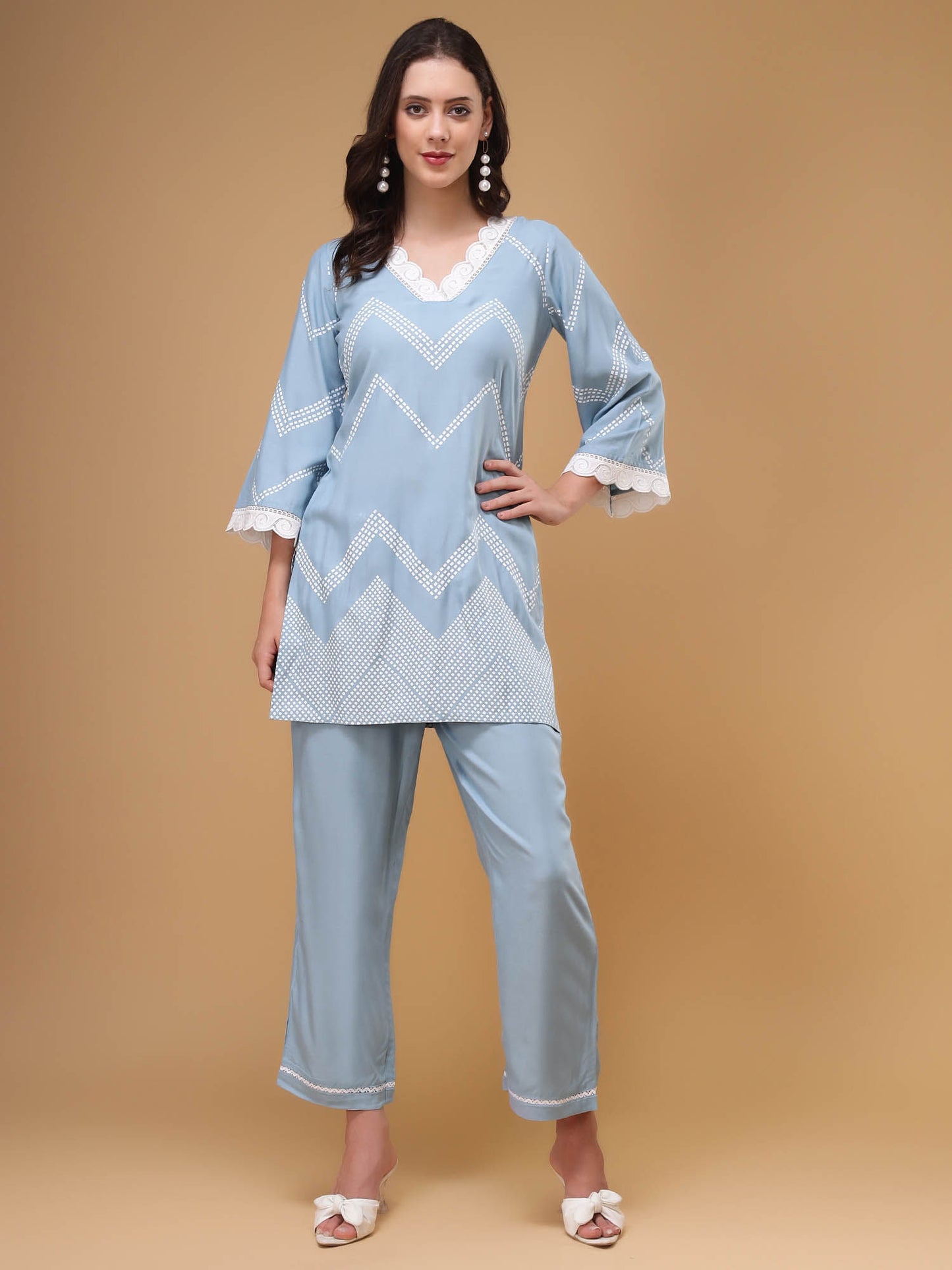 Aqua Printed Laced Co-Ord (Set of 2)