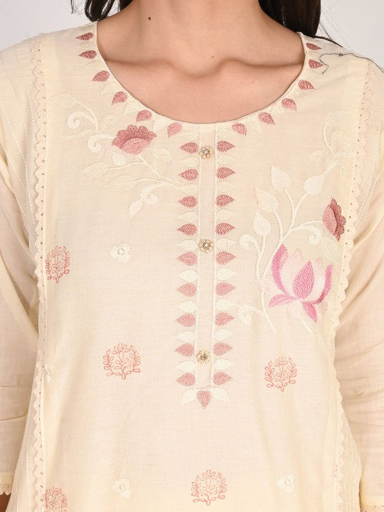 Girly Girls Floral Embroidered Straight Pure Cotton Kurta with Trousers & Dupatta