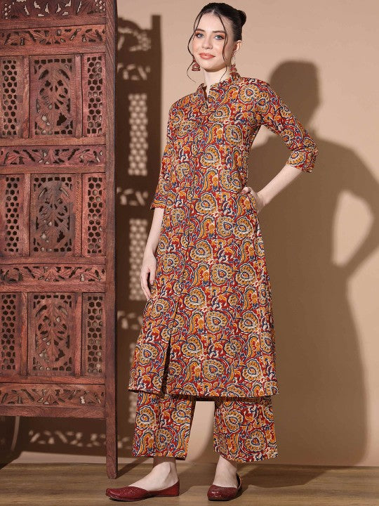 Vbuyz Kalamkari Floral Kalamkari Printed Mandarin Collar Pure Cotton Top & Palazzos