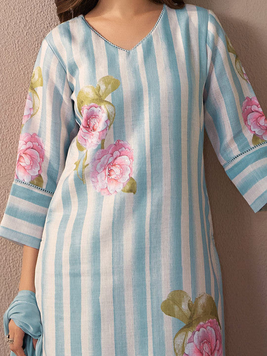 Indo Era Floral Printed V-Neck Linen Kurta with Trousers & Dupatta