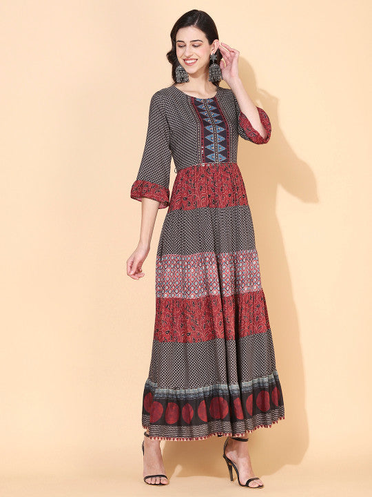 FASHOR Brown & Red Ethnic Motifs Printed Tiered Maxi Dress