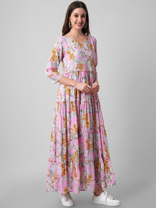 Haute and Humble Floral Printed Pure Cotton Maxi Ethnic Dress