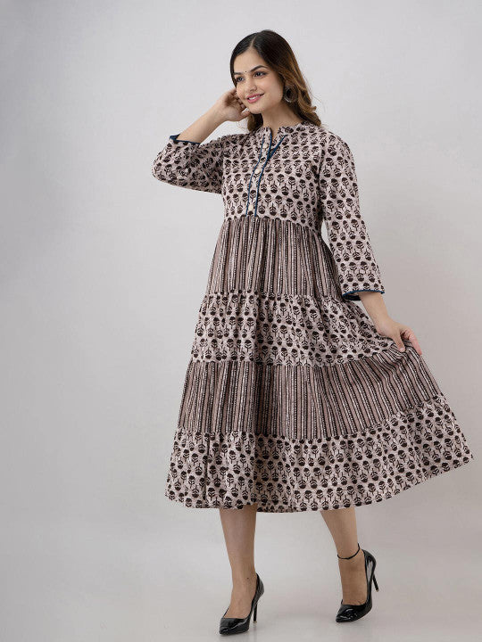 BAESD Floral Printed Mandarin Collar Gathered Tiered Fit & Flare Maxi Ethnic Dress