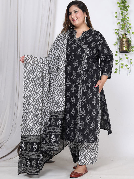 Swasti Plus Size Ethnic Motifs Printed Cotton Angrakha Kurta With Trousers & Dupatta