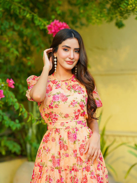 Ambraee Floral Print Chiffon Midi Fit and Flare Dress
