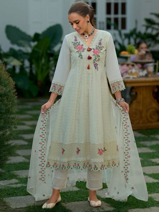 Indo Era Floral Yoke Design Thread Work Pure Cotton Anarkali Kurta Wth Trousers & Dupatta