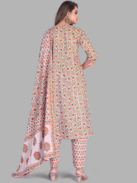 Floral Printed Pure Cotton Kurta with Trousers & Dupatta