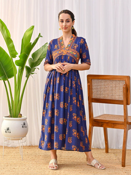 Floral Printed V-Neck Gathered A-Line Midi Ethnic Dress