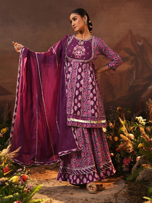 Ishin Floral Printed Keyhole Neck Pure Cotton A-Line Kurta With Sharara & Dupatta