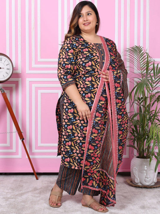 Swasti Plus Size Floral Printed Pure Cotton Straight Kurta with Palazzos & With Dupatta