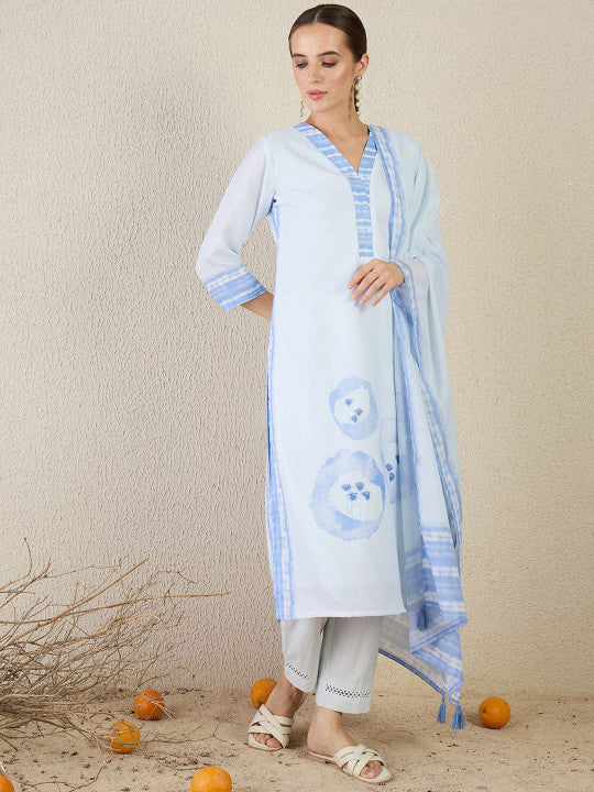 Indo Era Women Floral Printed V Neck Regular Linen Kurta with Trousers & Dupatta