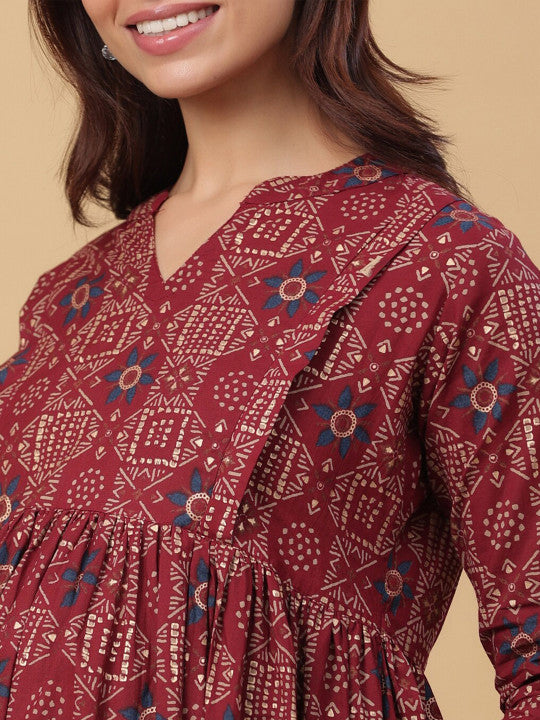 CRAFIQA Ethnic Motif Printed Maternity Empire Midi Cotton Dress