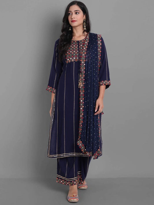 Mirror Work Embellished Kurta with Palazzos & With Dupatta